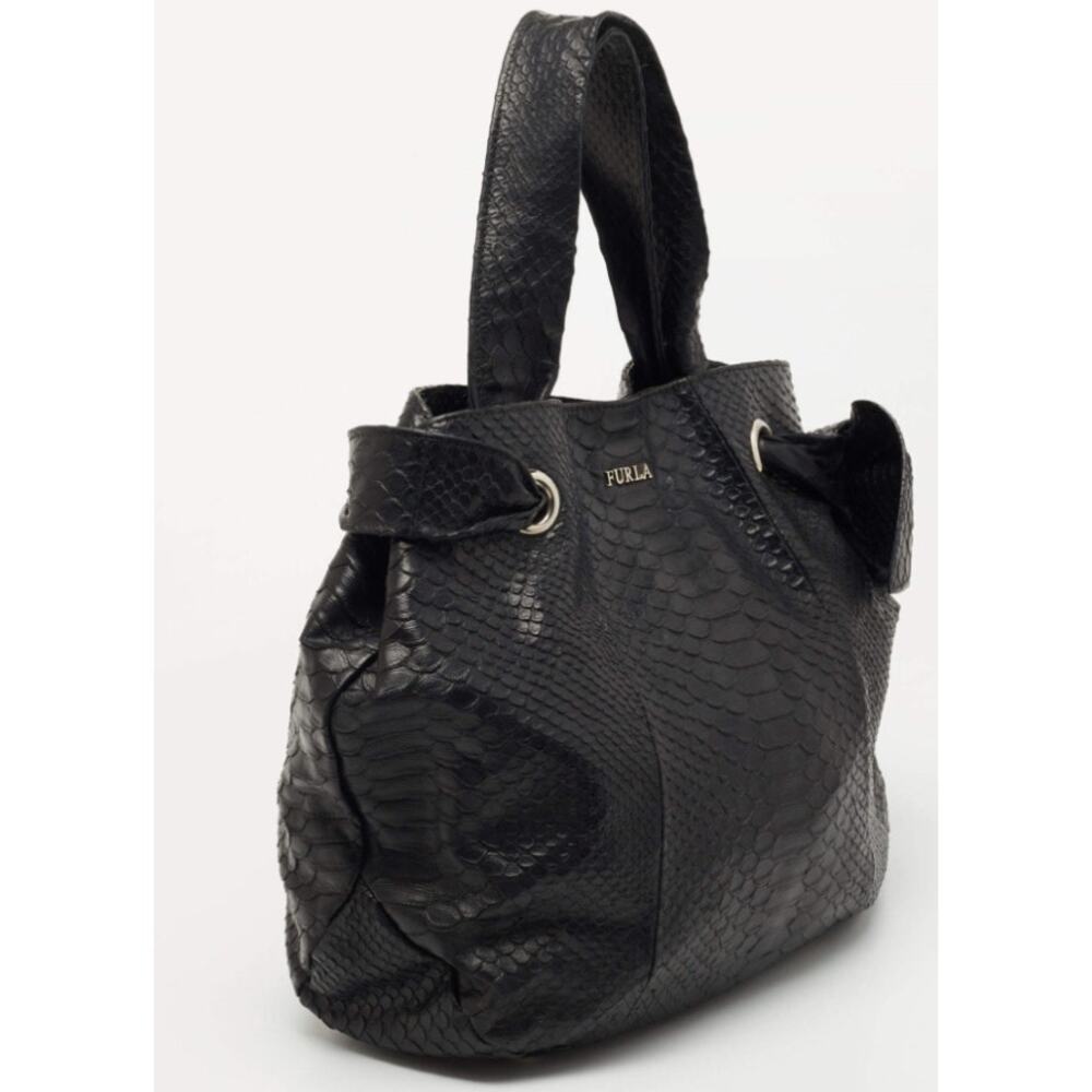 Furla Black Python Embossed Leather Side Bow Hobo… - image 3
